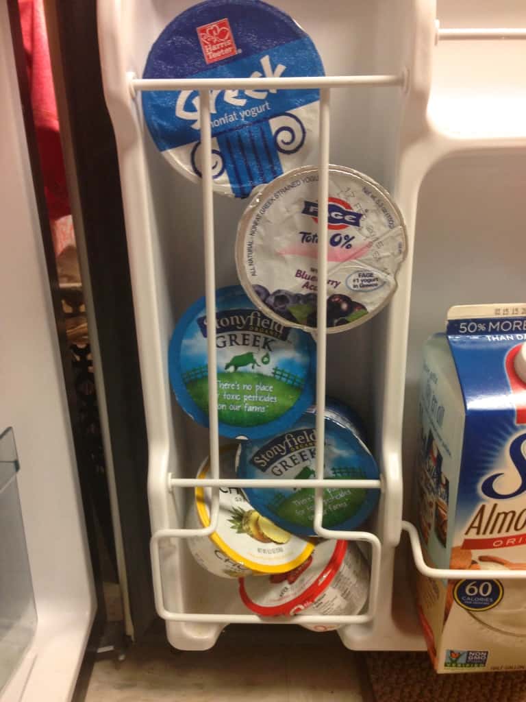Mini fridge full of Greek yogurt (Stonyfield, Chobani, Fage, Harris Teeter)