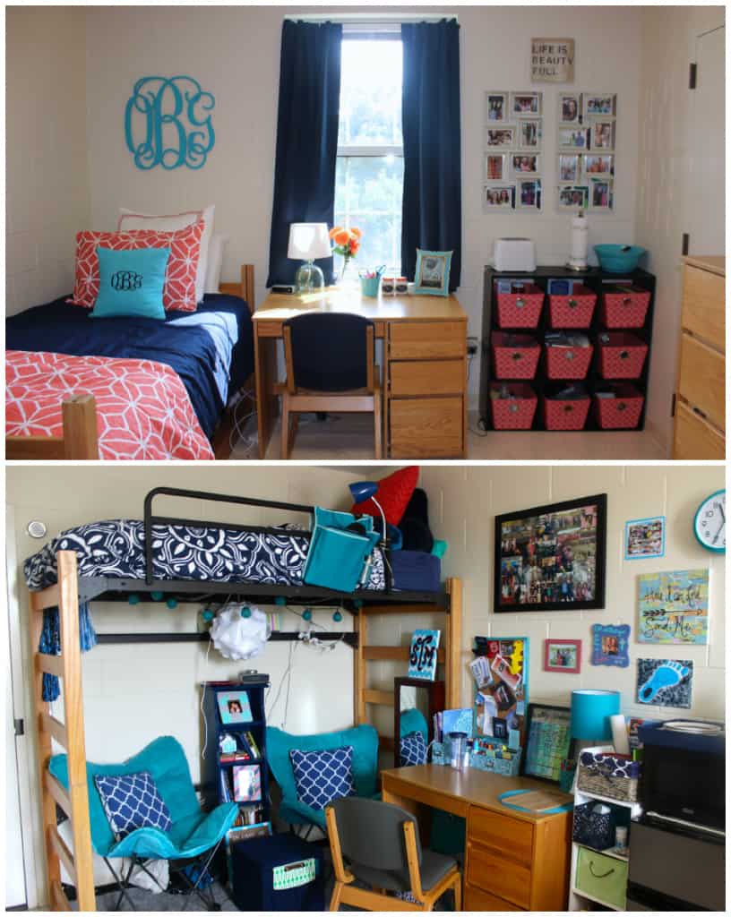Coral, navy, and turquoise dorm room