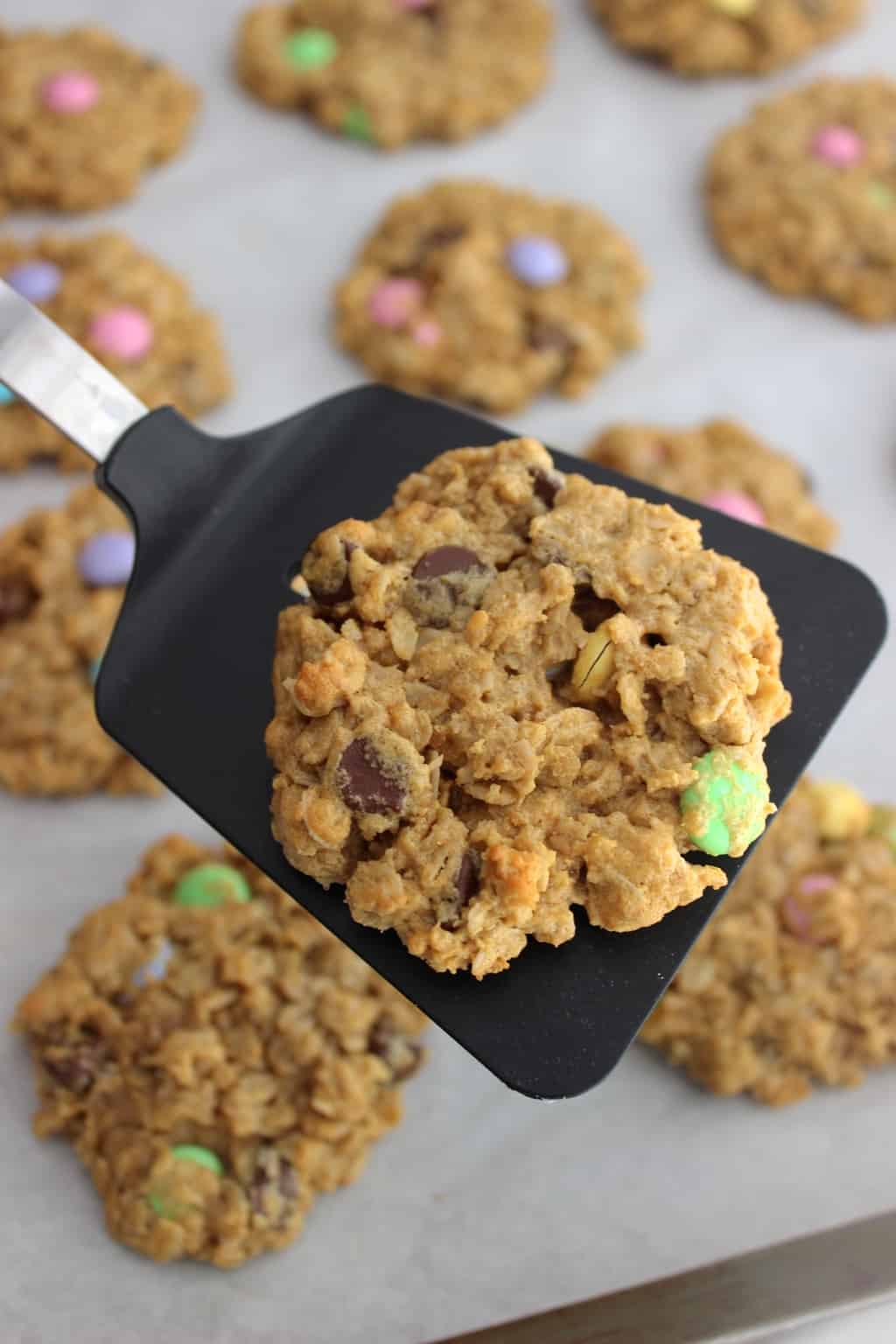 Monster Cookies- loaded with oats, peanut butter, chocolate chips, and M&Ms, and you don't even need a mixer!
