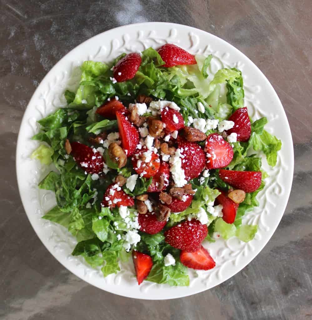 Strawberry salad with poppyseed dressing, pecans, feta, and poppyseed dressing