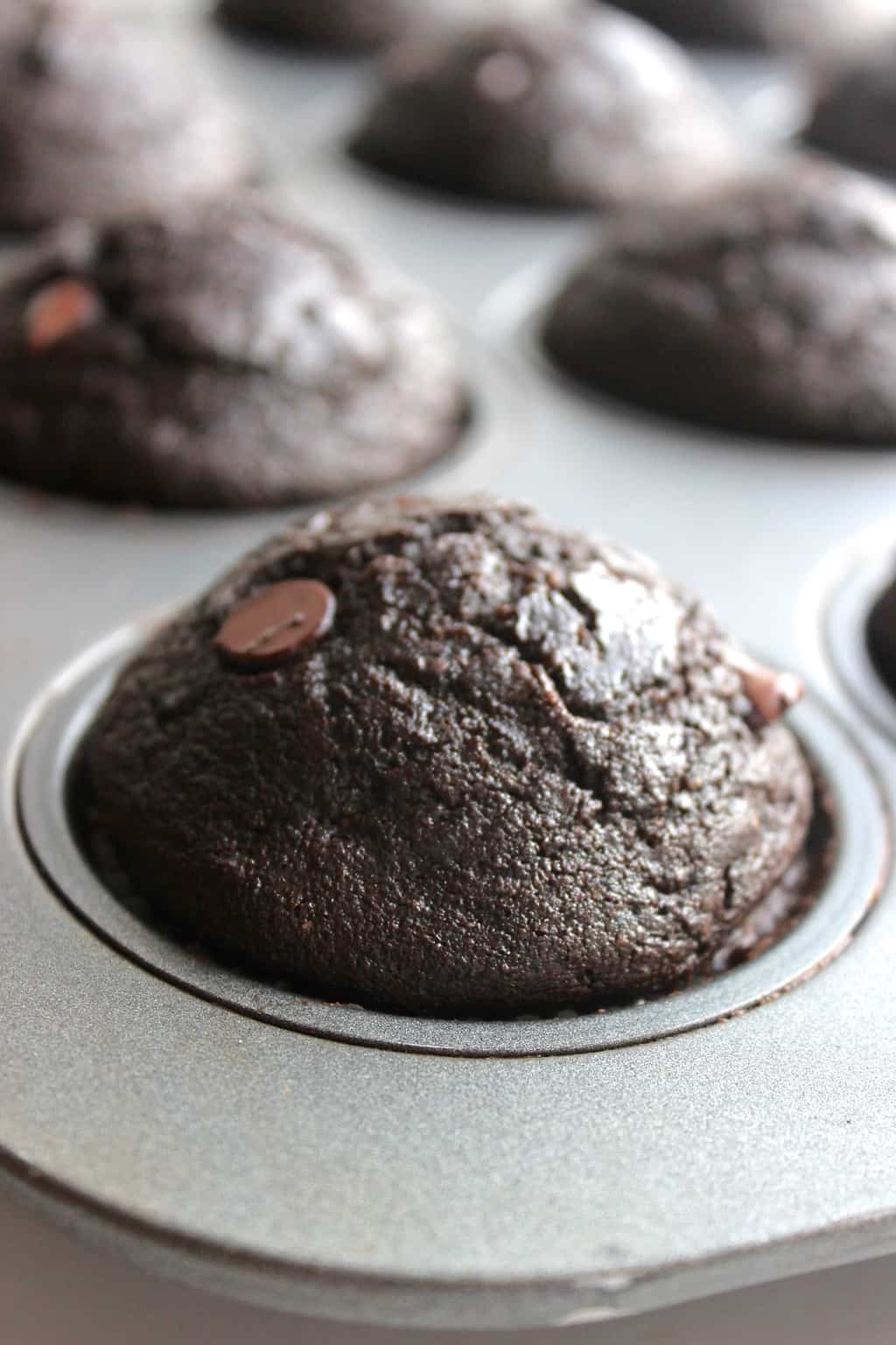 Healthy Double Chocolate Zucchini Muffins- these moist, chocolate-y muffins have only 180 calories each!