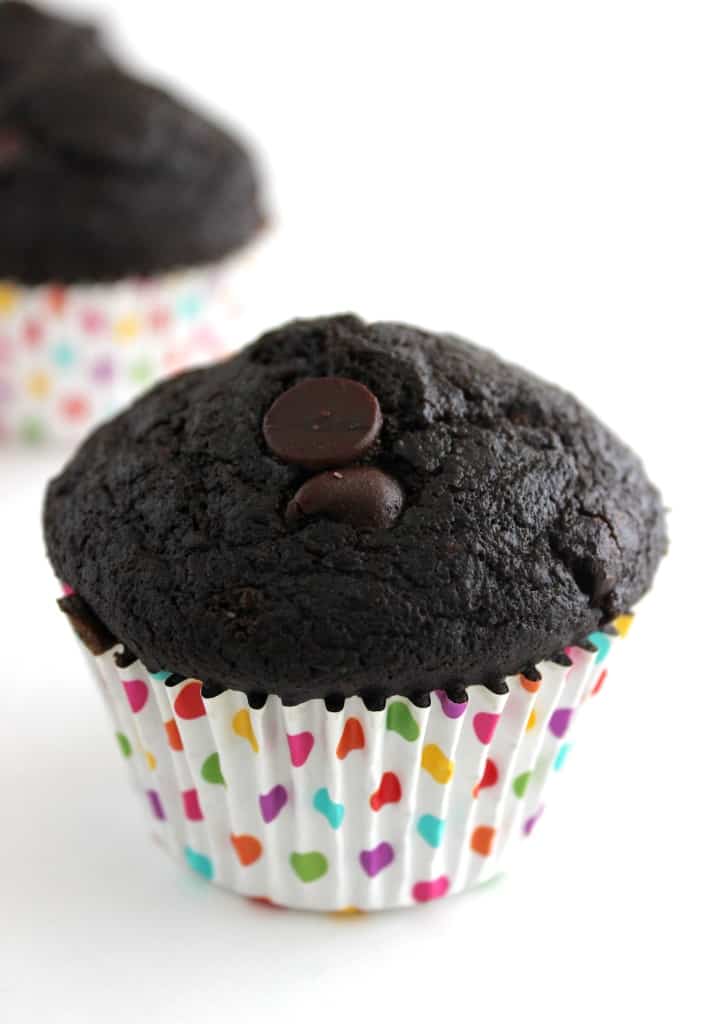 Chocolate Zucchini Muffins in a polka dot muffin liner