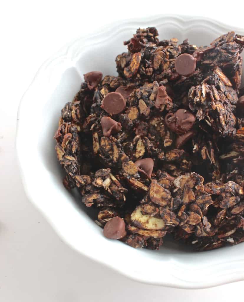 Skinny Double Chocolate Granola- a decadent and healthy treat with less than 200 calories per serving!