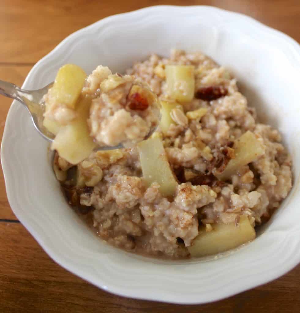 Packed with walnuts, raisins, and cinnamon, this apple pie oatmeal is healthy fall comfort food!
