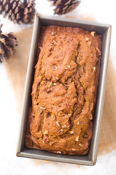 This healthy whole wheat pumpkin bread is secretly lower in sugar and fat than your typical pumpkin bread! 