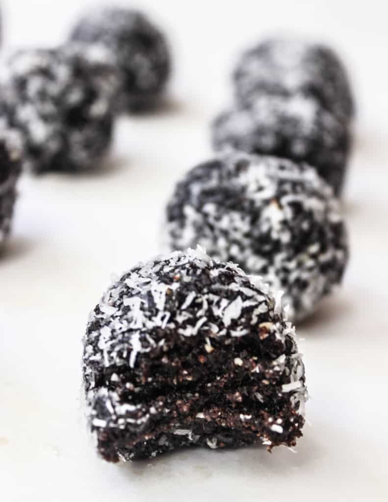 Dark Chocolate Coconut Fudge Brownie Energy Bites- a delicious healthy snack or dessert!
