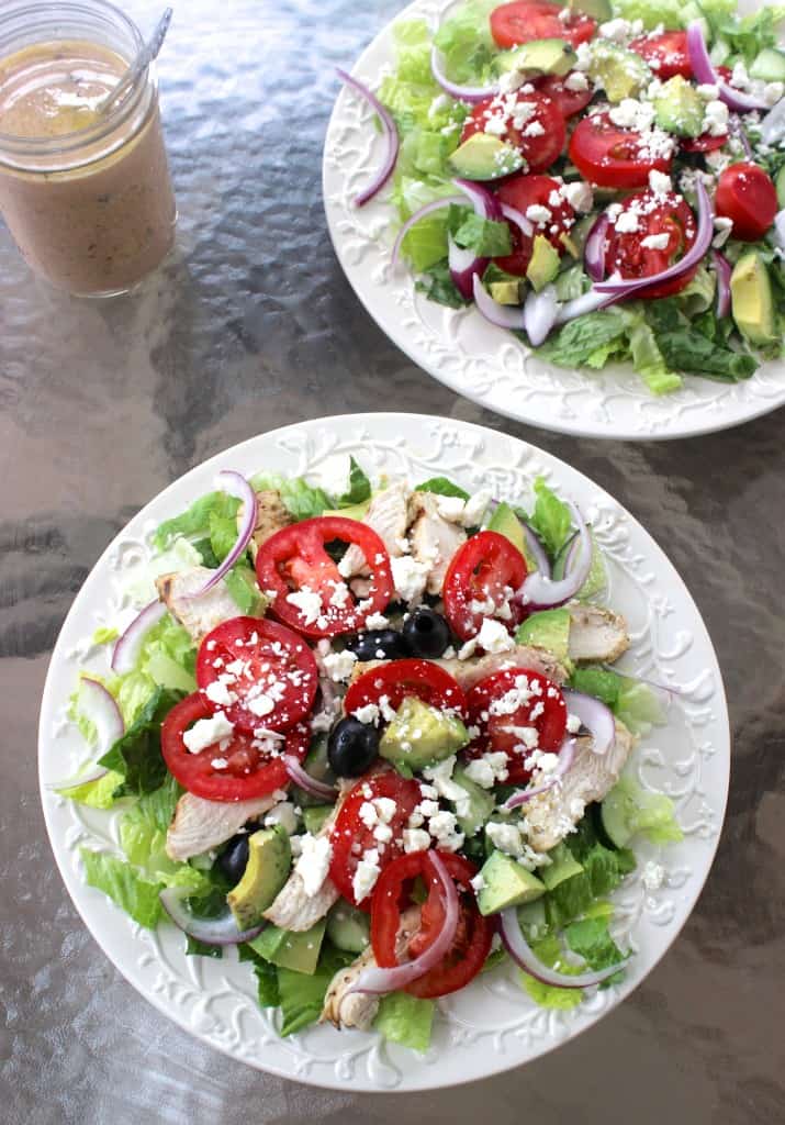 Greek Salad with Greek Yogurt Dressing- for extra protein, I like to add grilled chicken or chickpeas for a vegetarian option!