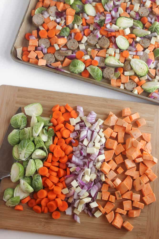 One-Pan Chicken Sausage & Roasted Veggies- an easy & healthy meal with practically no clean-up!