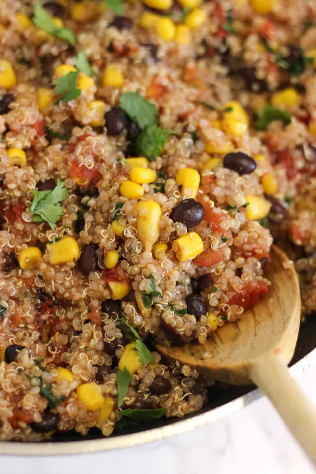 This one-pan Mexican quinoa has just five ingredients. No sautéing or chopping required- just dump the ingredients in the pan!