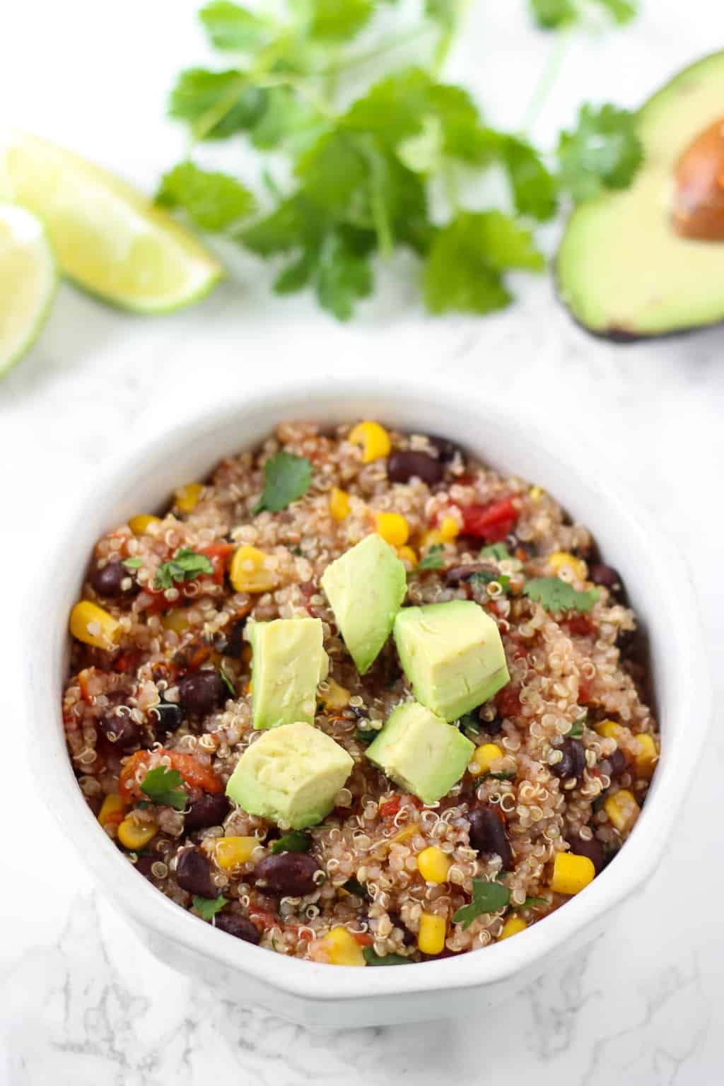 This one-pan Mexican quinoa has just five ingredients. No sautéing or chopping required- just dump the ingredients in the pan!
