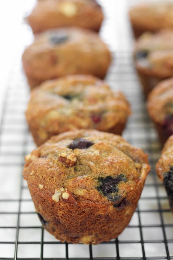 These hearty muffins have blueberries, mashed bananas, nuts, and cinnamon and are the perfect whole-grain treat!