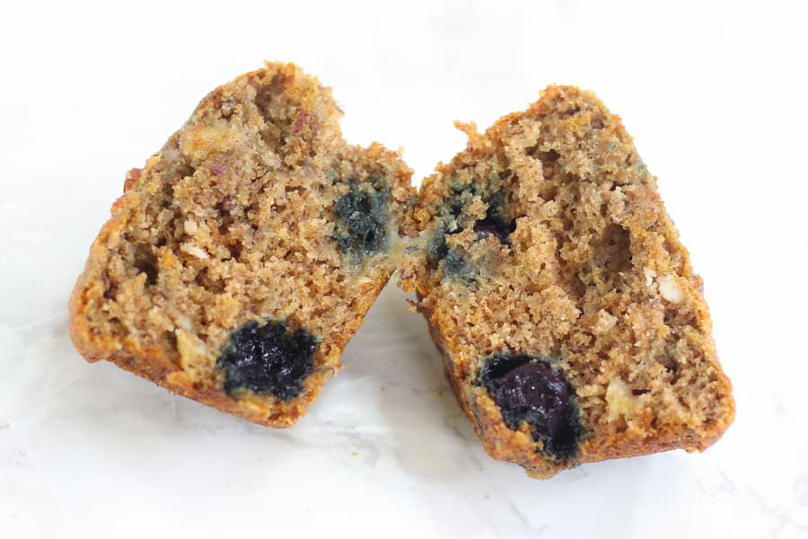 These hearty muffins have blueberries, mashed bananas, nuts, and cinnamon and are the perfect whole-grain treat!