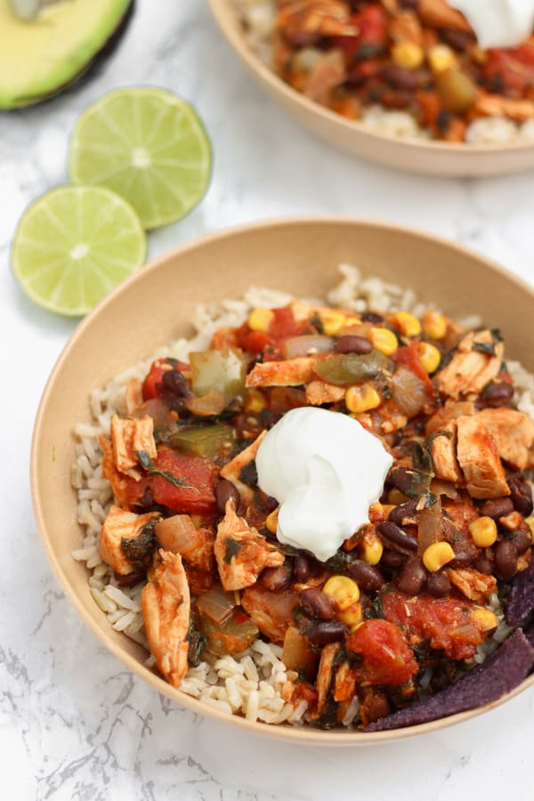 These loaded chicken & veggie enchilada bowls are a super simple healthy Mexican dinner!