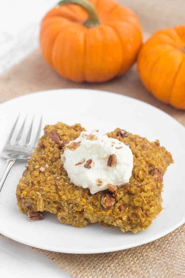 This pumpkin pecan baked oatmeal is an easy, healthy fall breakfast the whole family will love!