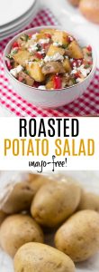 This warm roasted potato salad has a light (mayo-free!) lemon and olive oil dressing, with flavor from roasted red pepper and feta cheese