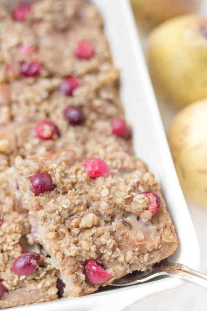 This cranberry pear walnut baked oatmeal is an awesome healthy breakfast! It reminds me of a hearty muffin!