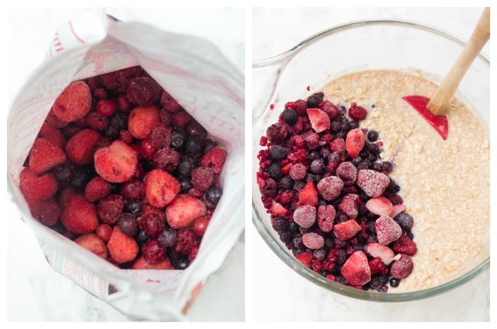 Mixed berry baked oatmeal batter made with frozen mixed berries