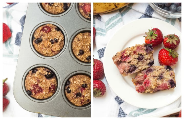 These mixed berry baked oatmeal cups are a delicious, healthy make-ahead breakfast that you can eat on-the-go! 