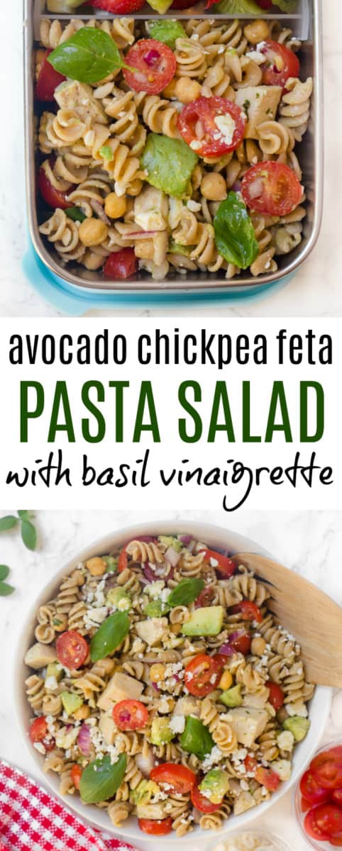 Avocado Chickpea Feta Pasta Salad with Basil Vinaigrette for a school or work lunch