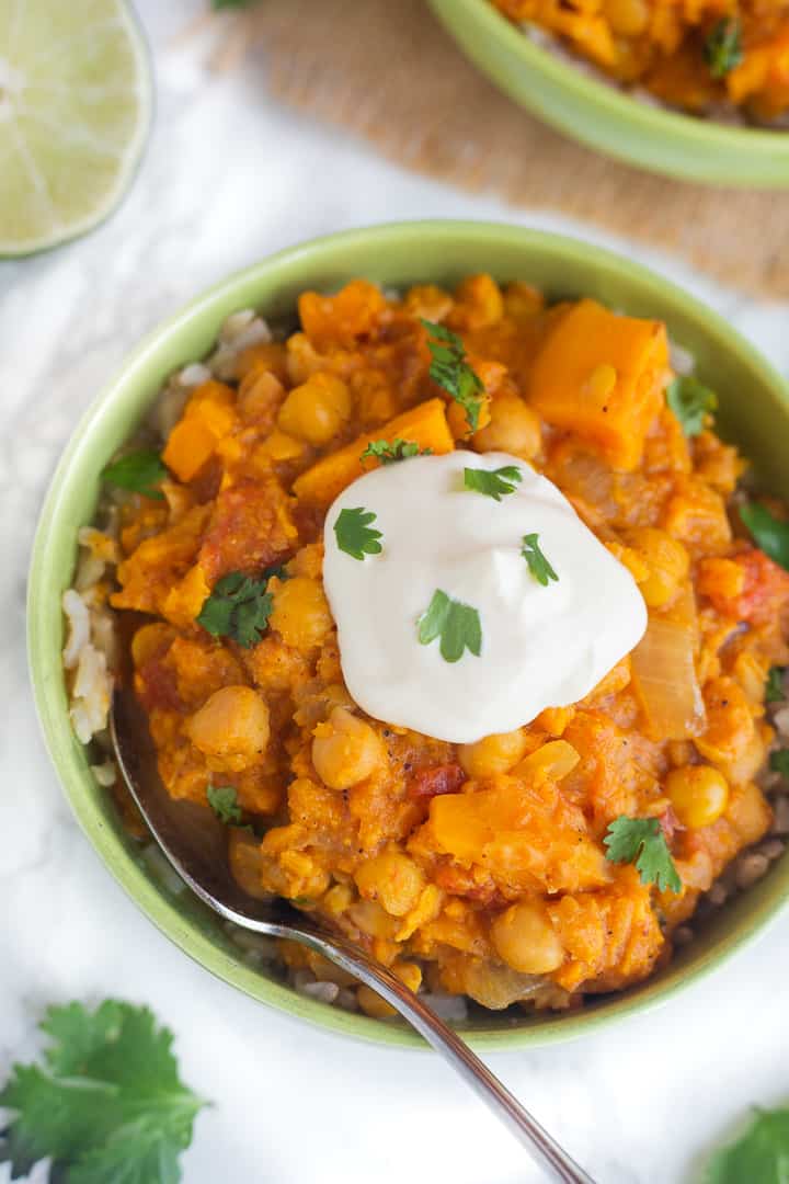 vegetarian sweet potato chickpea stew in a bowl