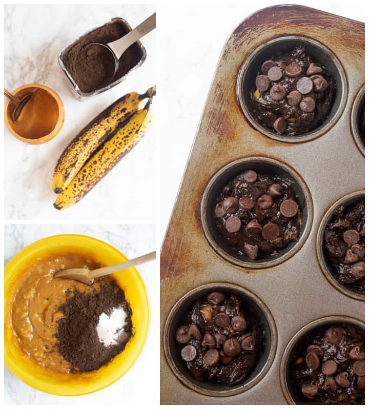 Baking ingredients for flourless peanut butter banana chocolate muffins 
