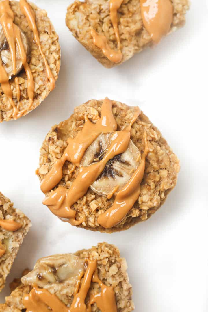  Peanut Butter Banana Oatmeal Muffins with peanut butter drizzle