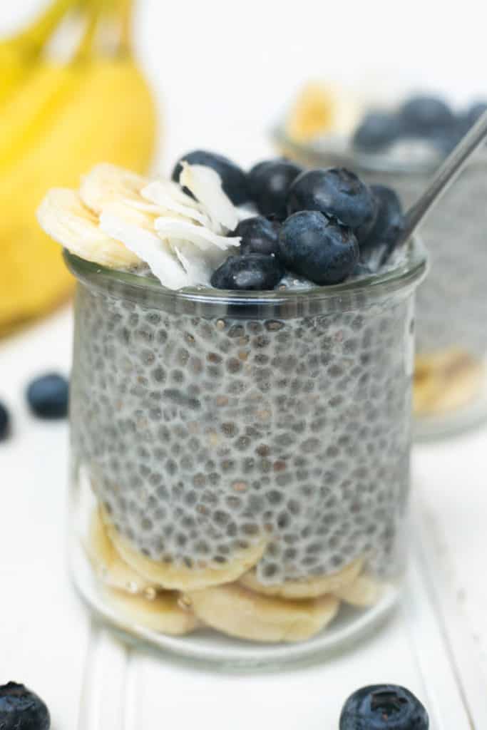 Chia pudding in a jar with toppings