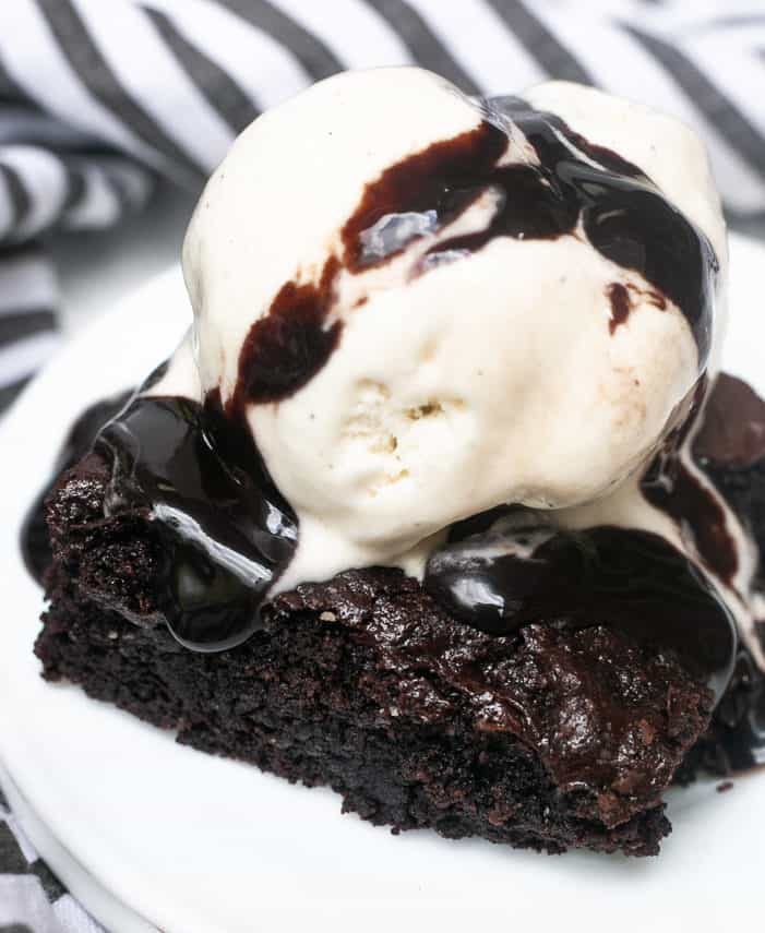 almond flour brownies with ice cream and chocolate sauce