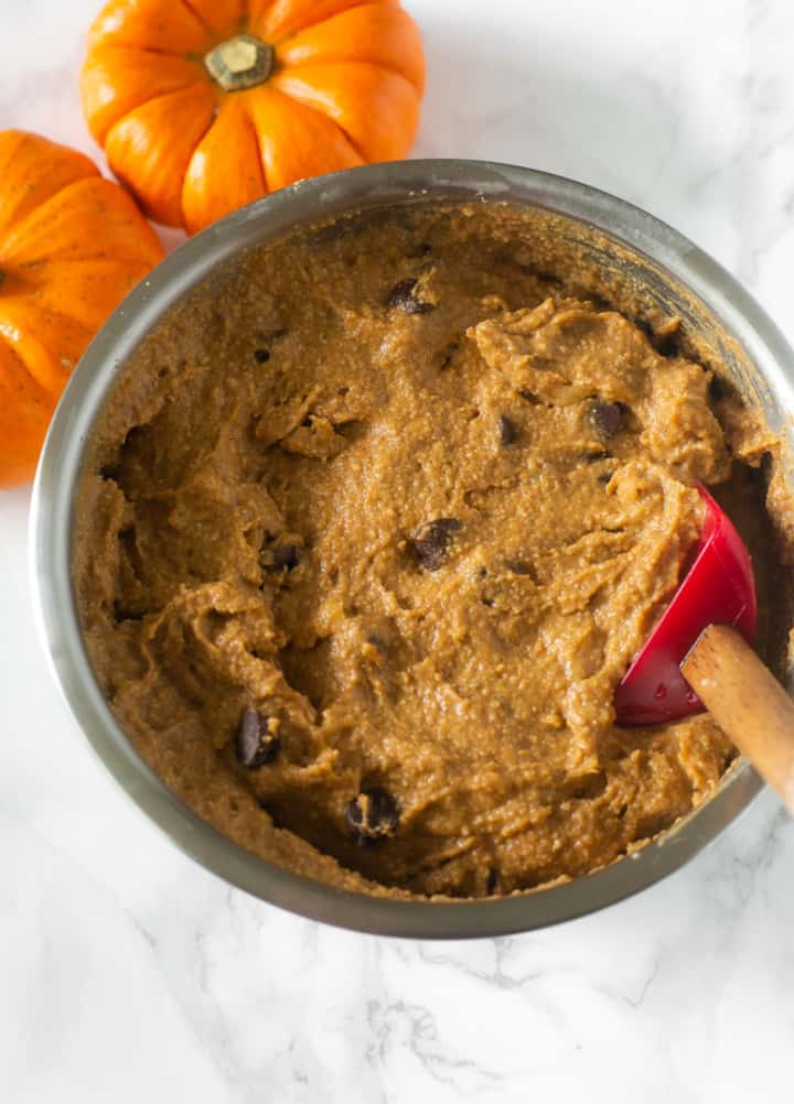 Healthy flourless chocolate chip pumpkin muffin batter